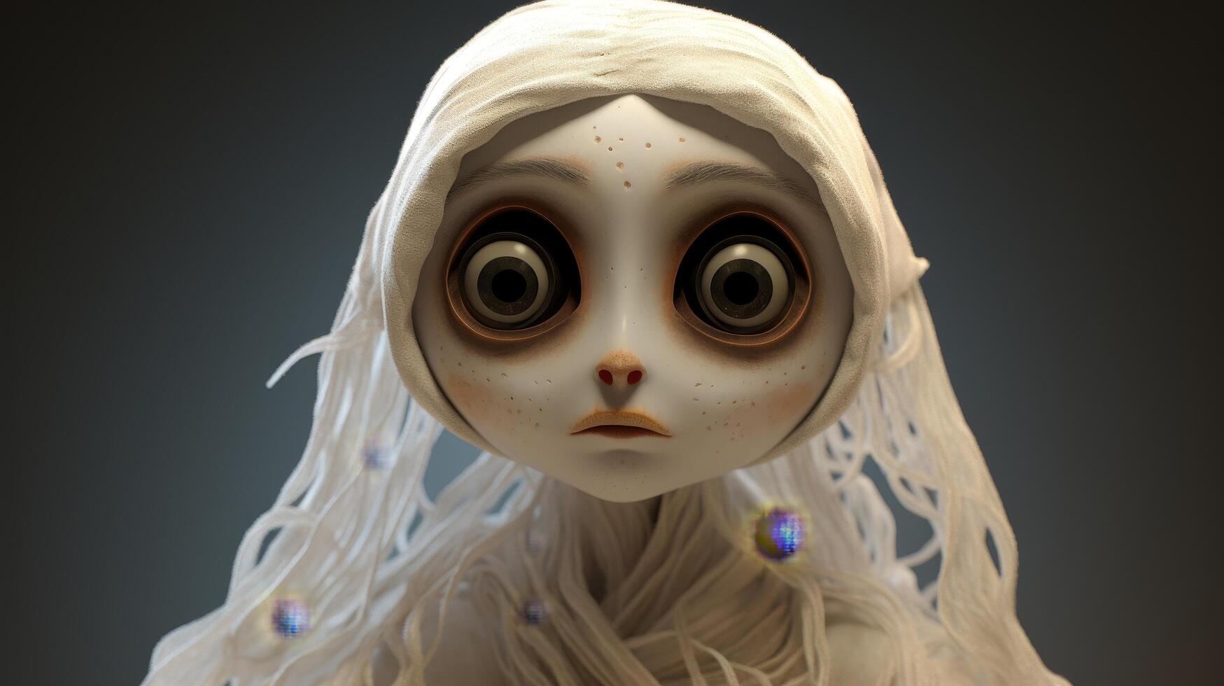 Creepy doll with large eyes and pale skin photo