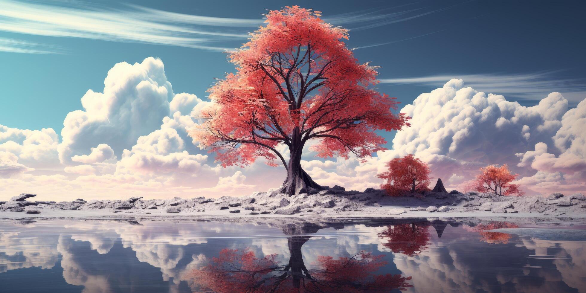 Vibrant autumn tree reflecting in still lake photo