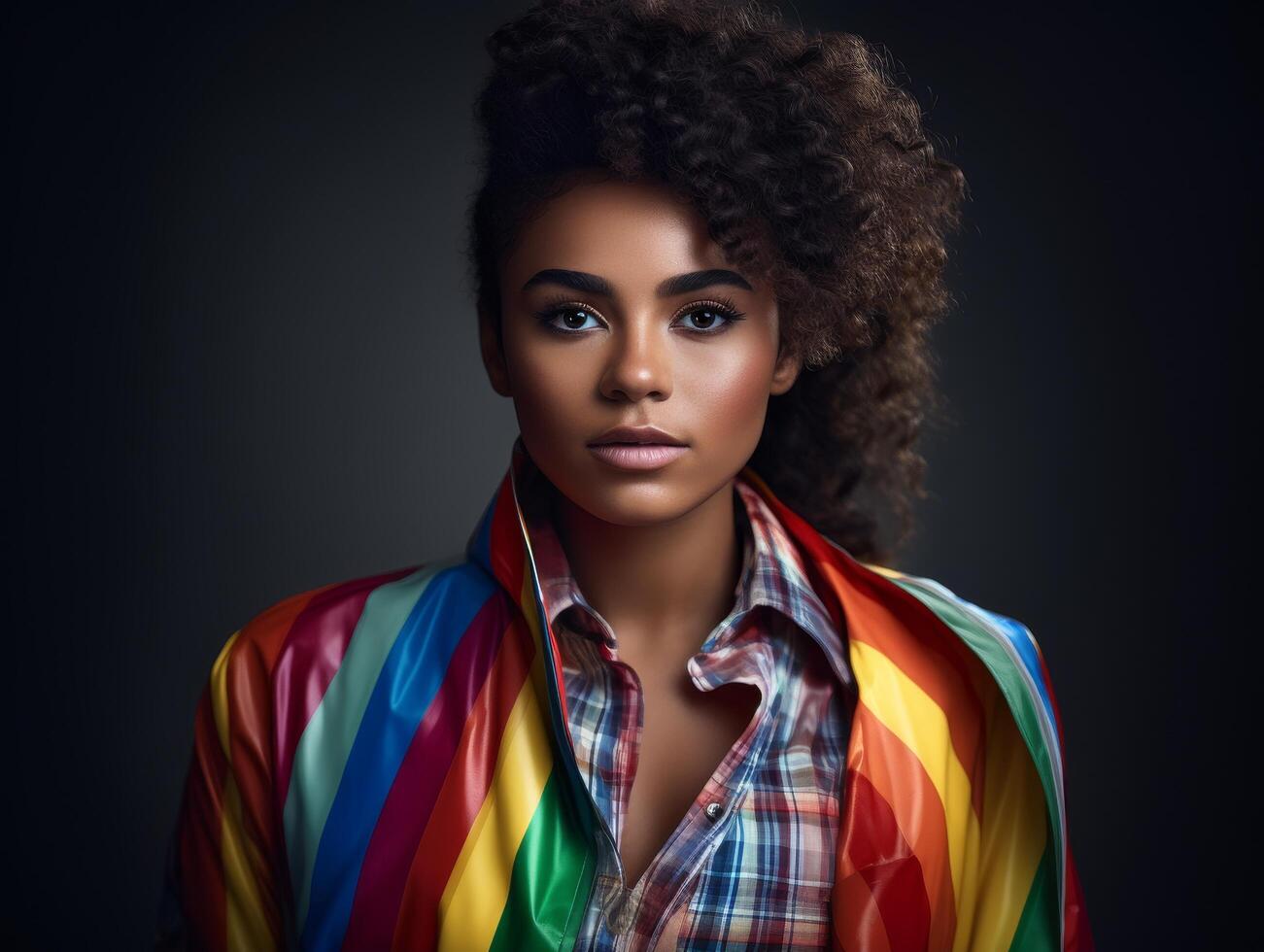 Confident young woman with curly hair wearing colorful clothing photo