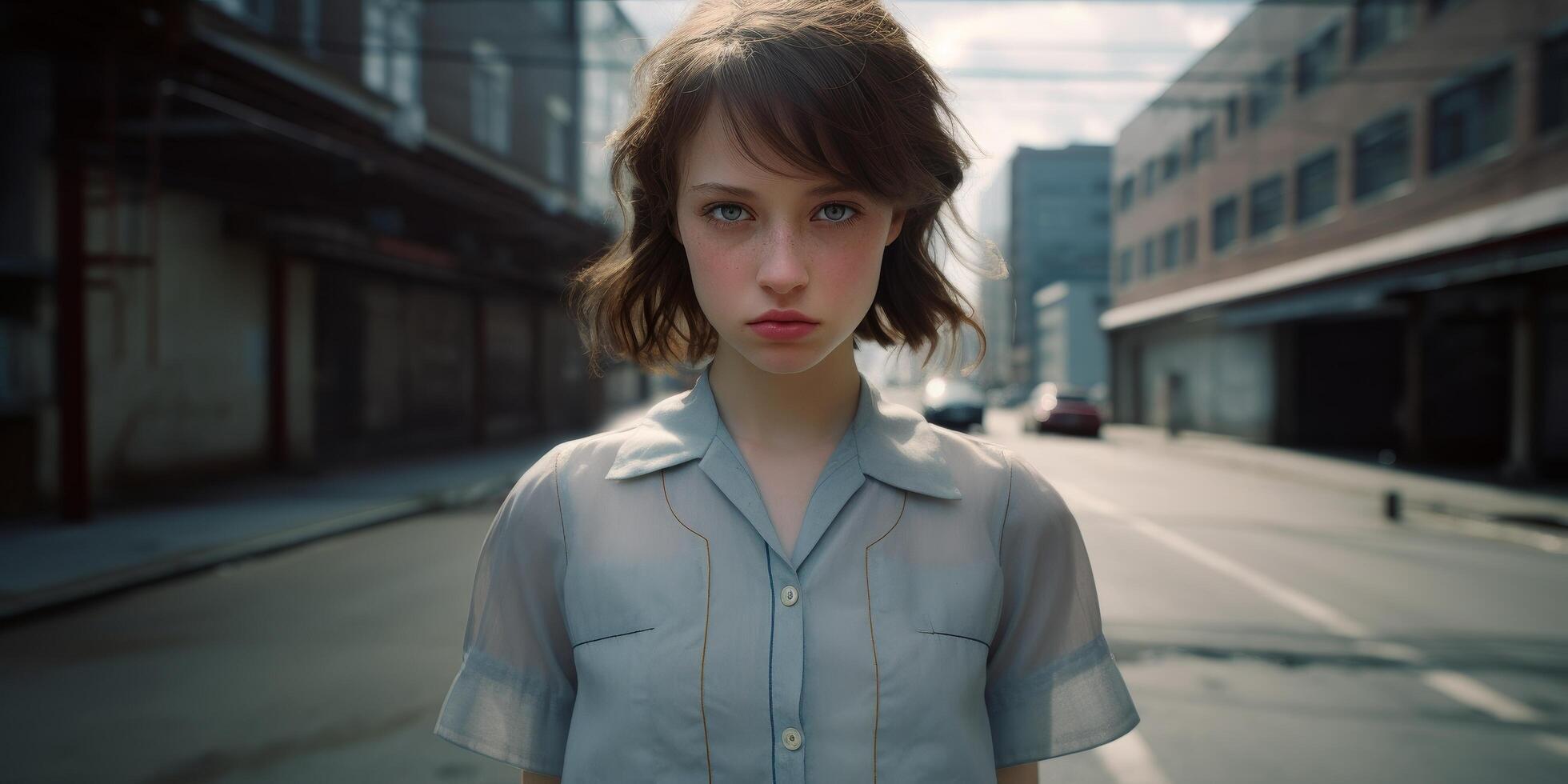 young woman with serious expression on city street photo