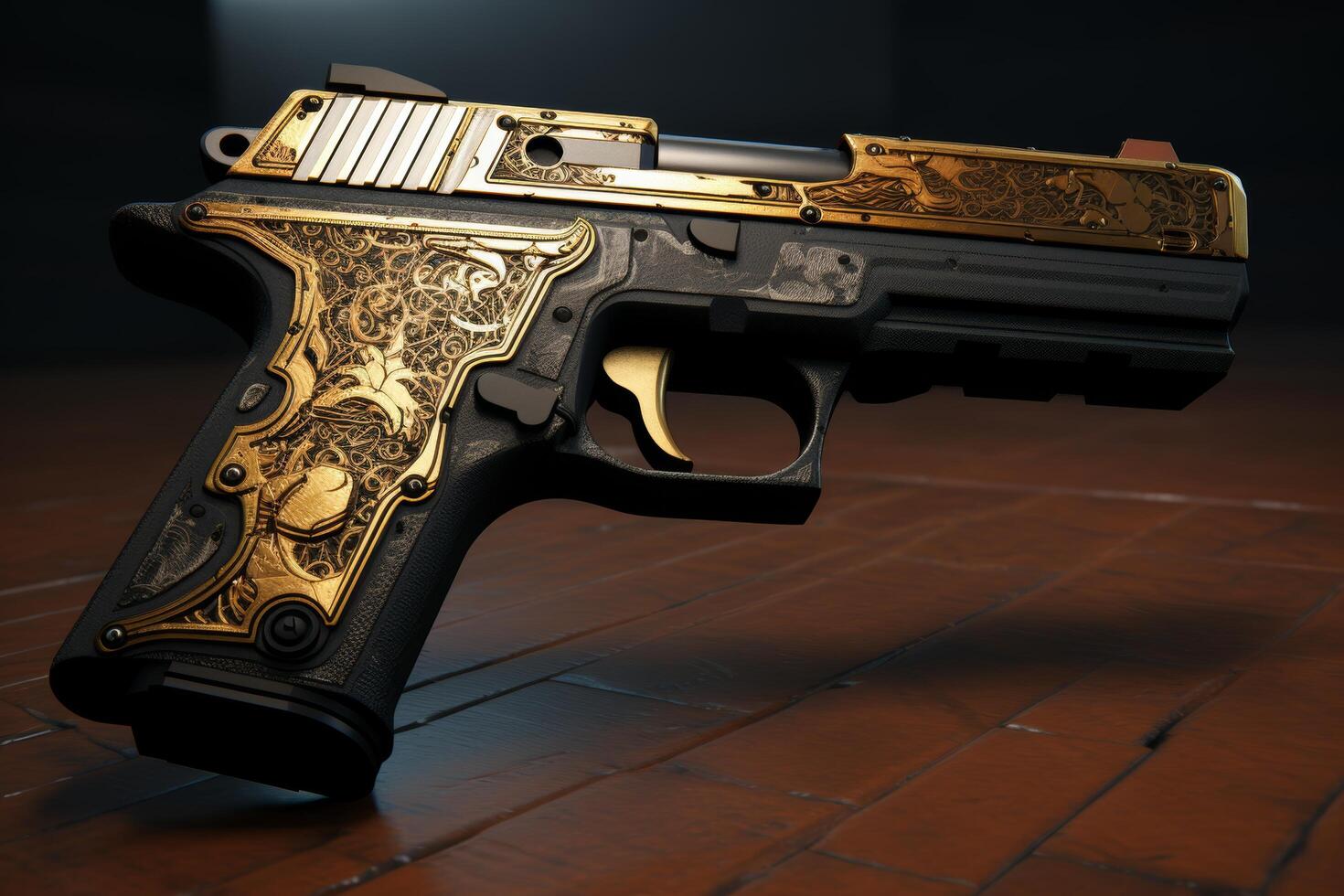 Ornate golden handgun on dark background photo