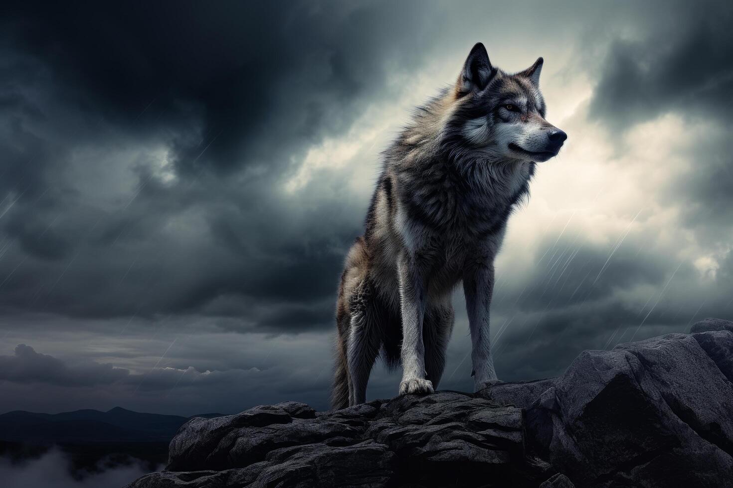 Majestic wolf standing on rocky cliff against stormy sky photo
