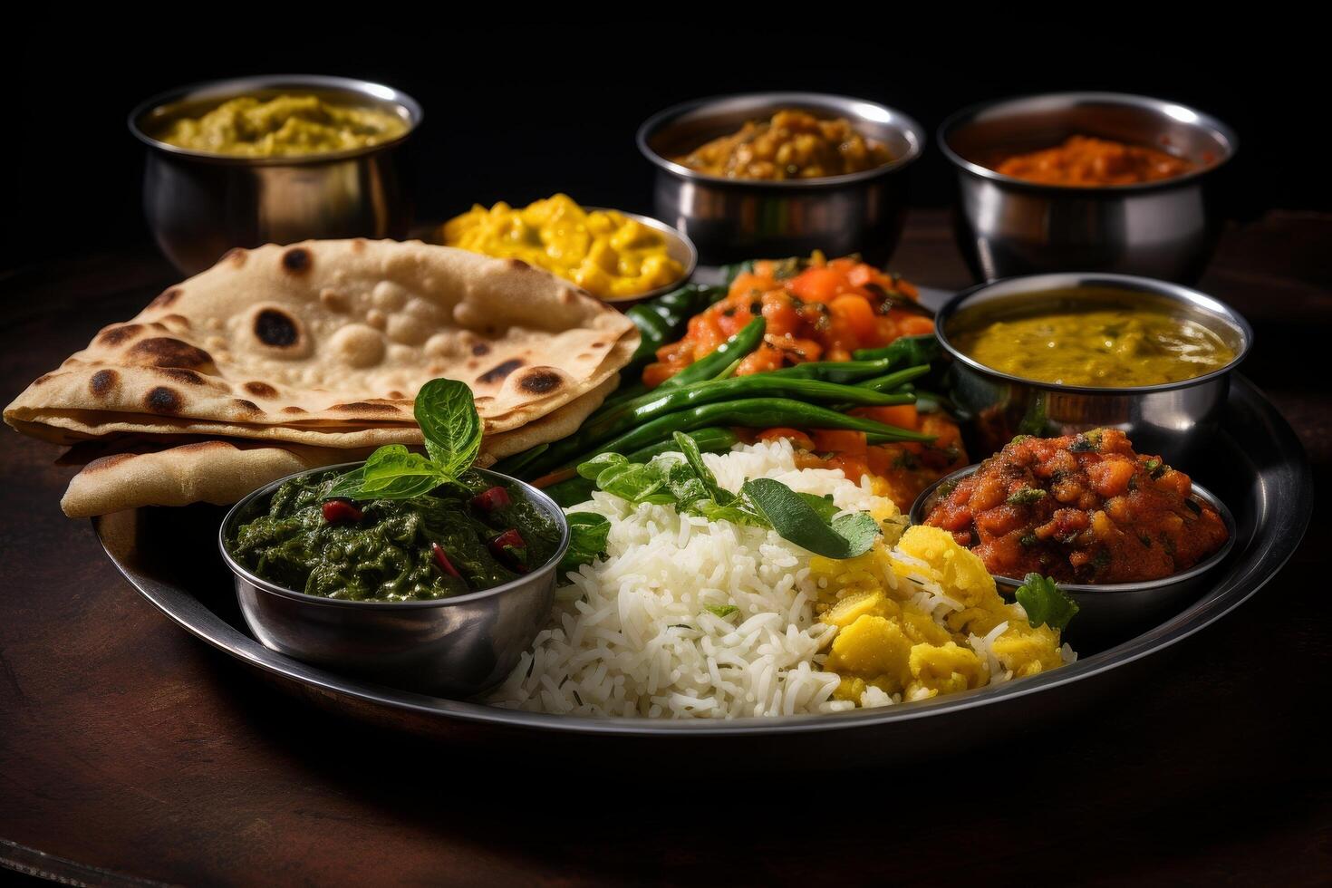 Assortment of Indian cuisine dishes on a plate photo