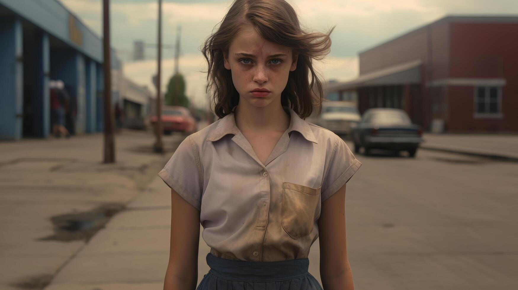 young woman with serious expression standing on city street photo