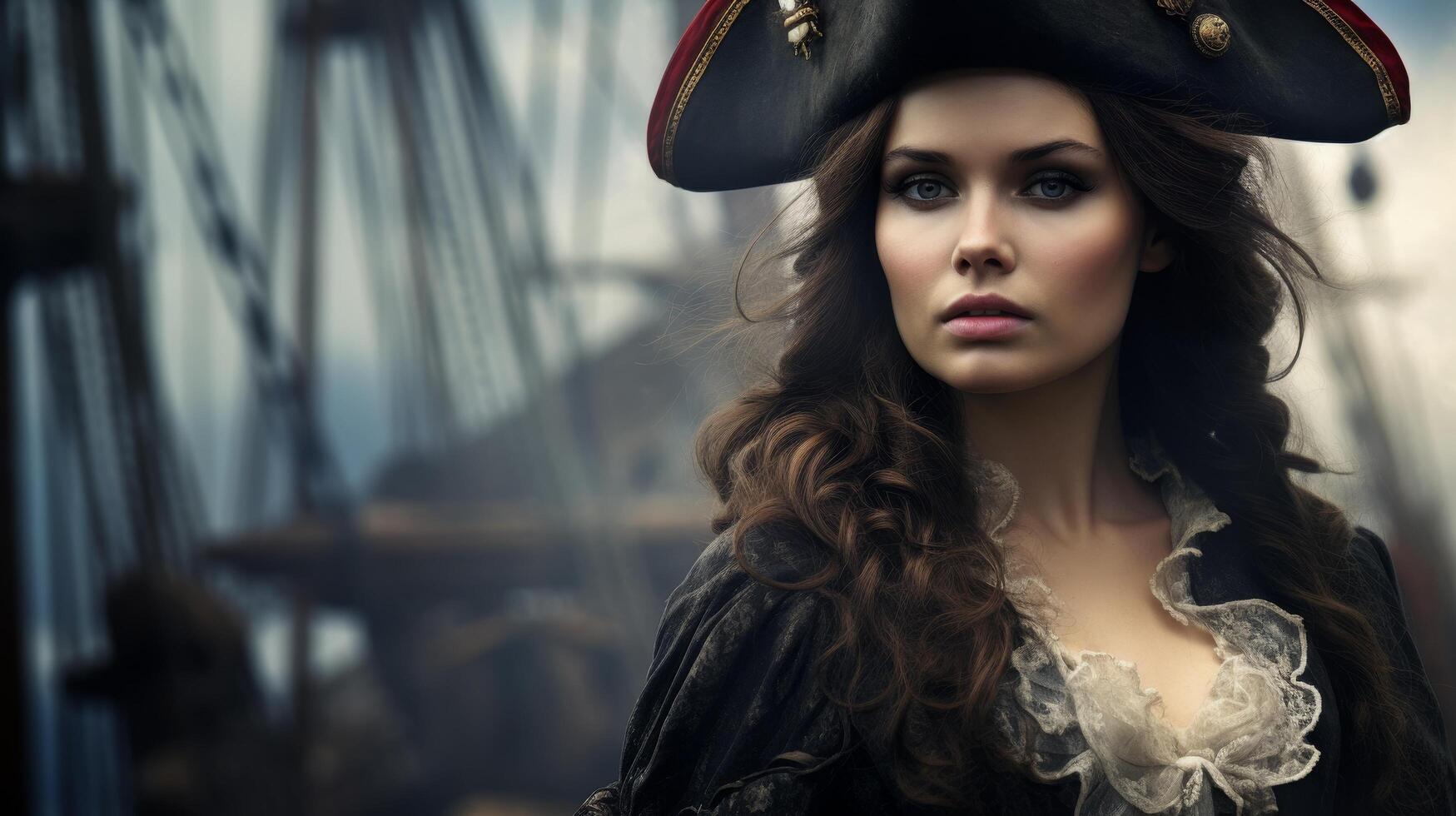 Mysterious woman in pirate costume on stormy background photo