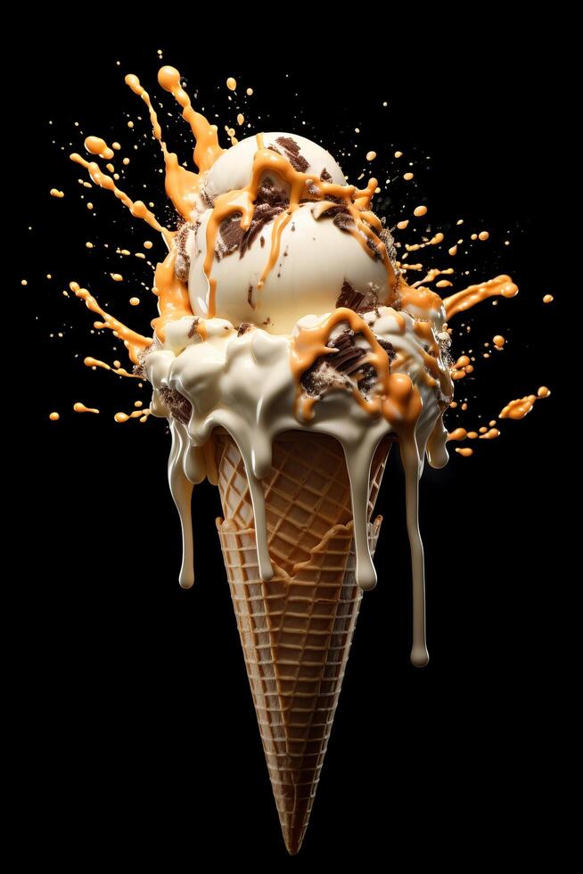 Delicious ice cream sundae with chocolate and caramel topping photo