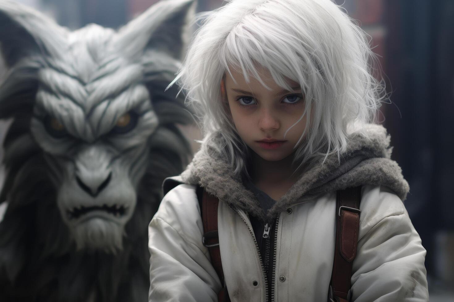 young girl with white hair and winter coat photo