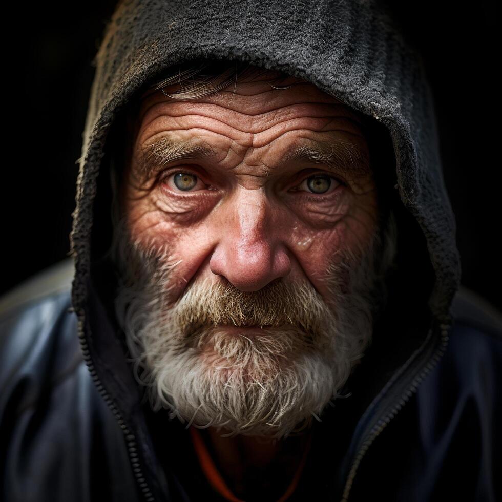 Weathered face of an elderly man in a hooded jacket photo