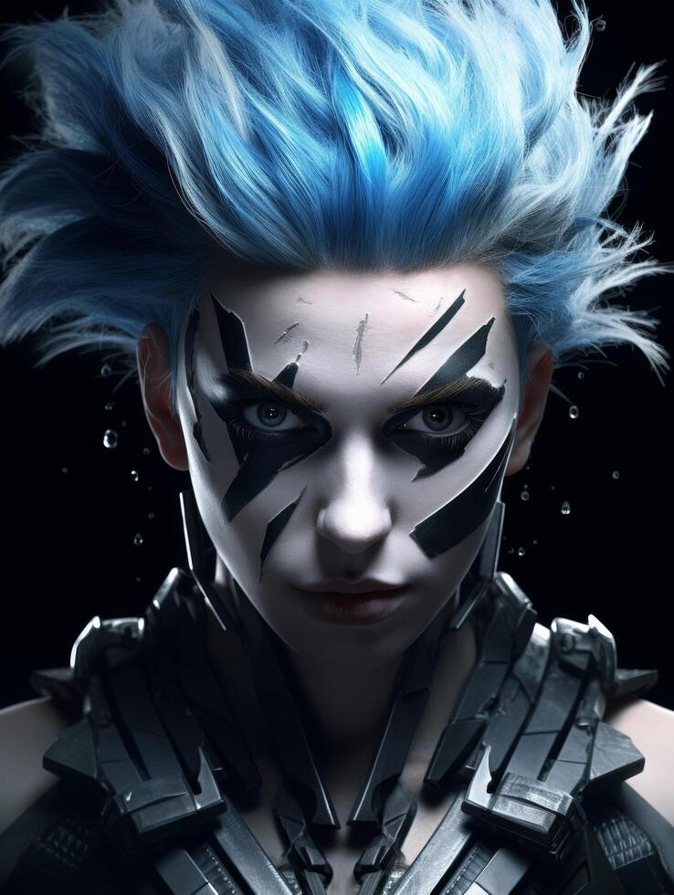 futuristic cyberpunk warrior with electric blue hair and dark makeup photo