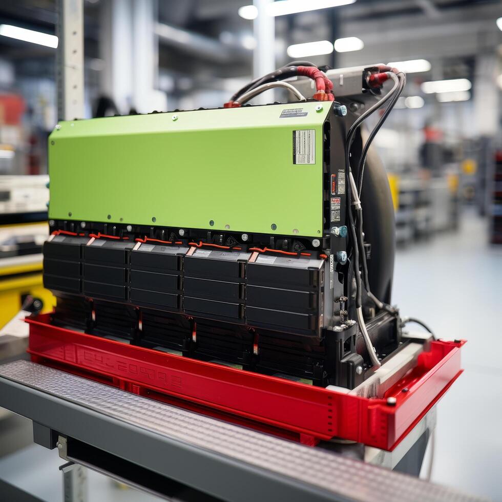 Powerful electric vehicle battery pack in factory photo