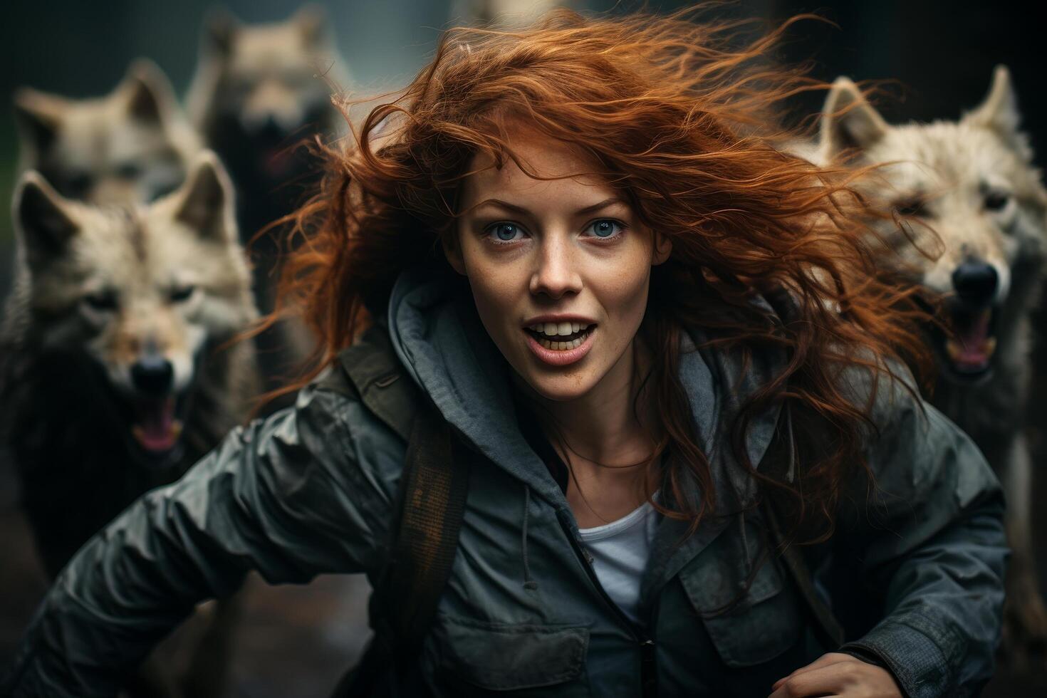 Fierce woman with windblown red hair photo
