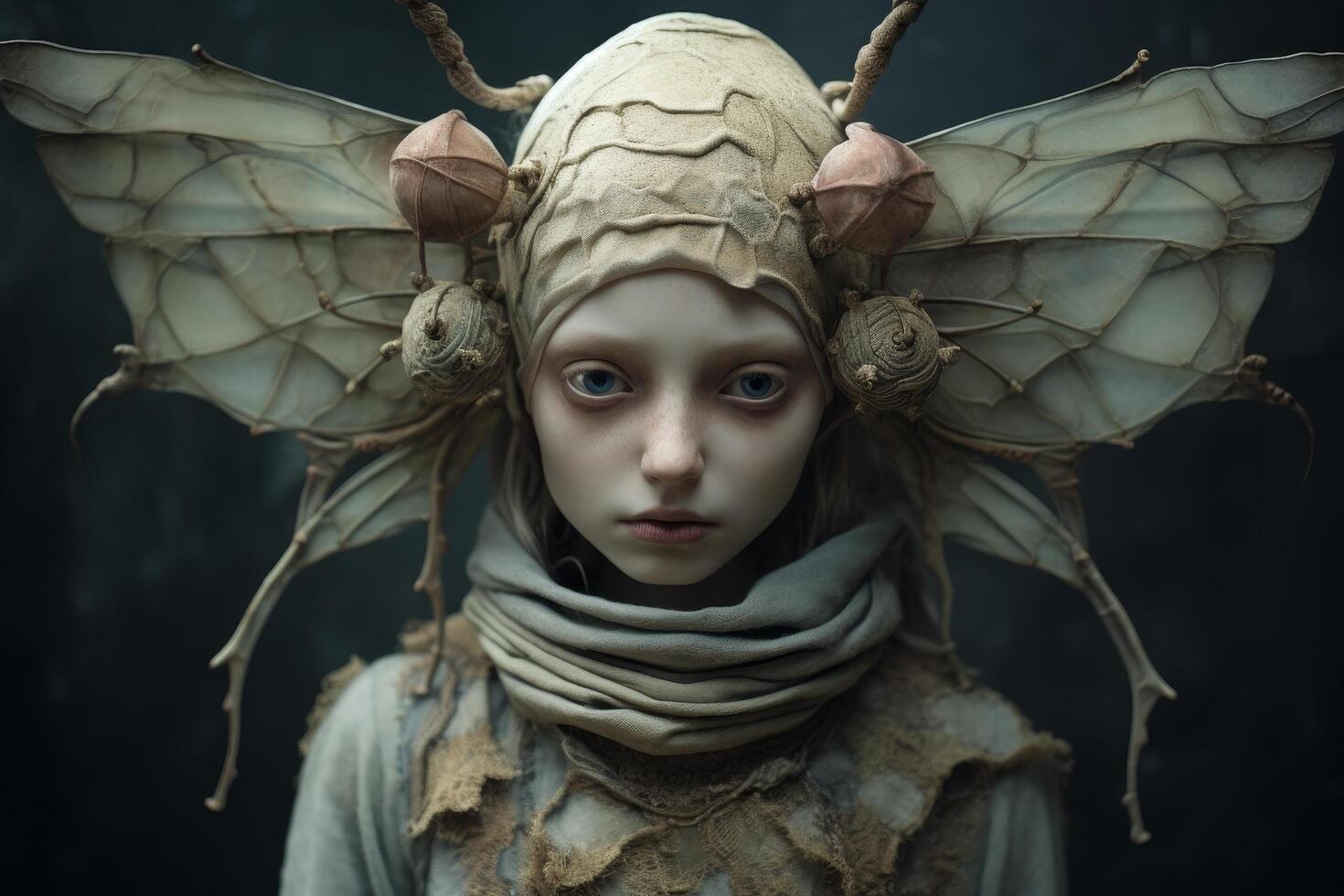 Mysterious fantasy creature with intricate costume and wings photo