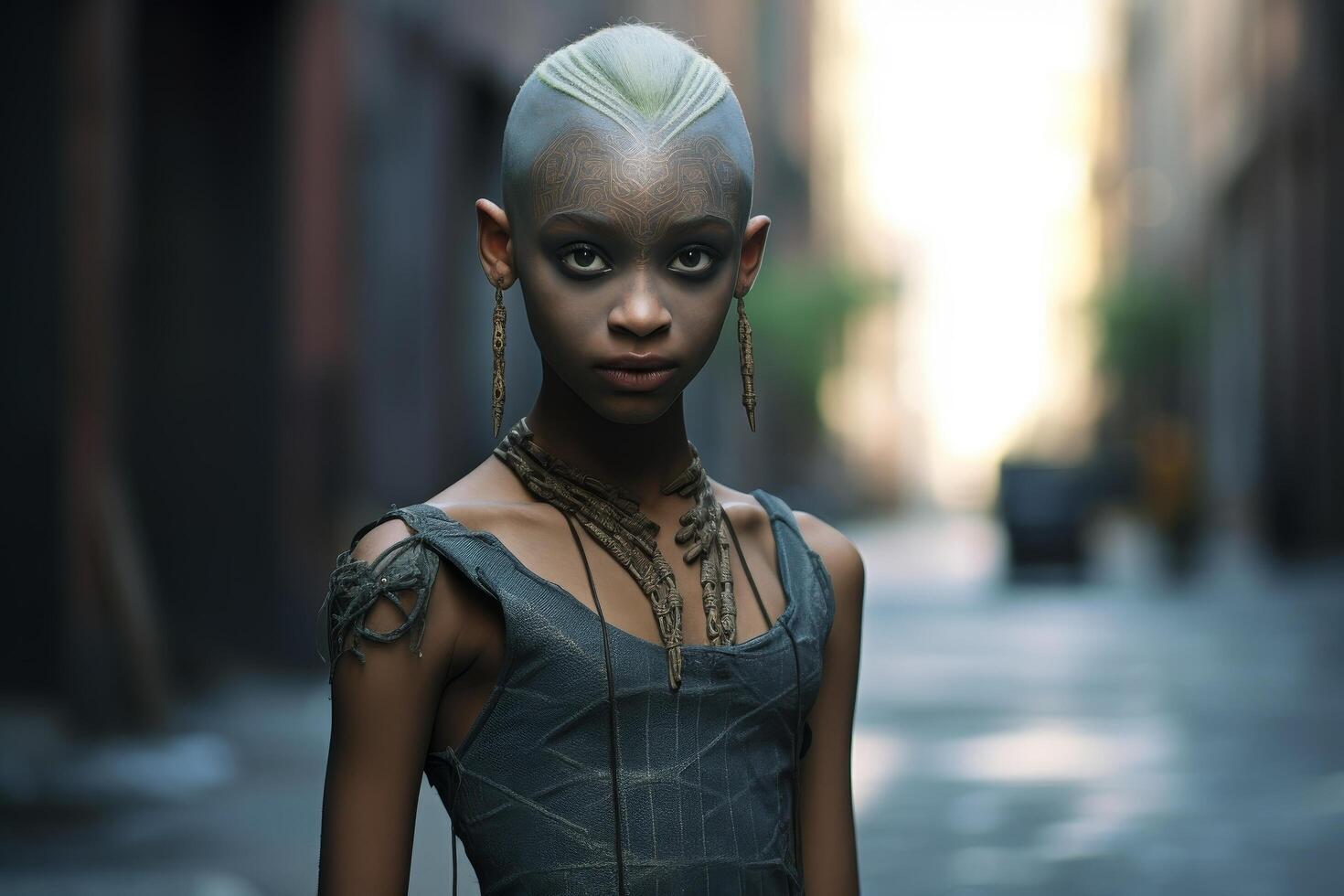 Futuristic portrait of a striking woman with intricate facial tattoos photo