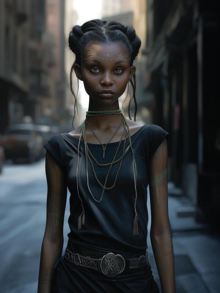 mysterious woman with intricate hairstyle and ethnic jewelry photo