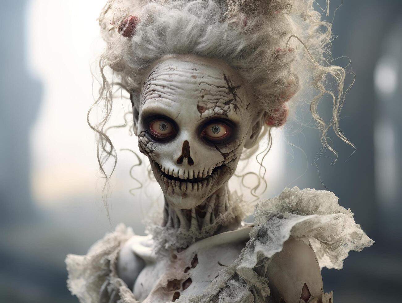 Creepy zombie with curly hair and glowing eyes photo