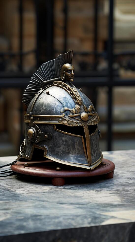 Ornate ancient warrior helmet on display photo