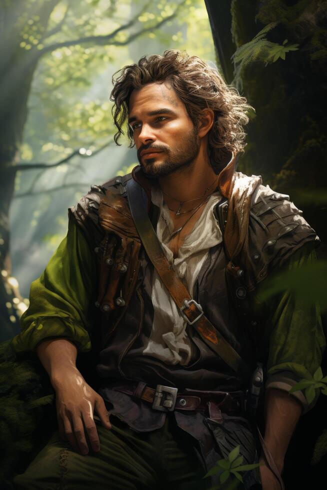 Rugged adventurer in lush forest photo