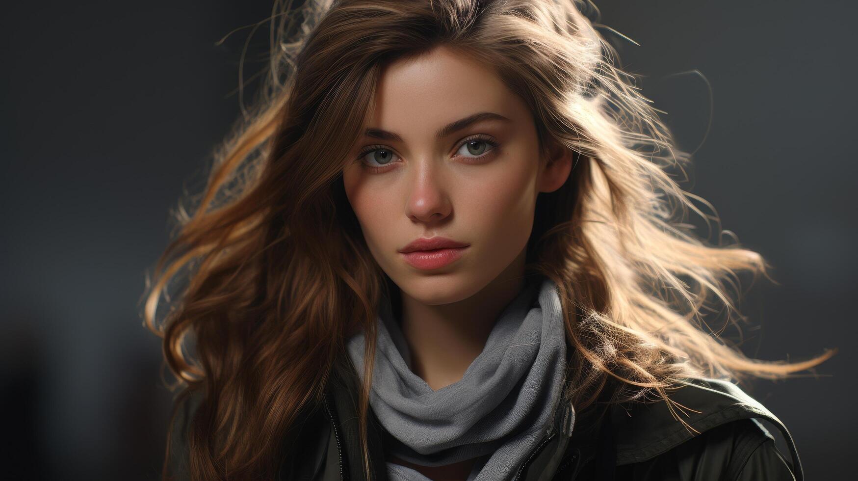 Captivating portrait of a young woman with windblown hair photo