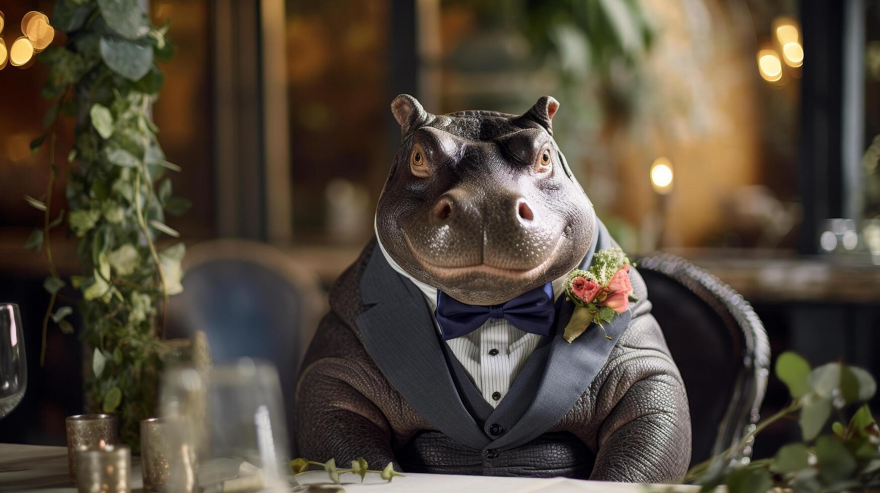 Dapper hippo in formal attire at fancy dinner party photo
