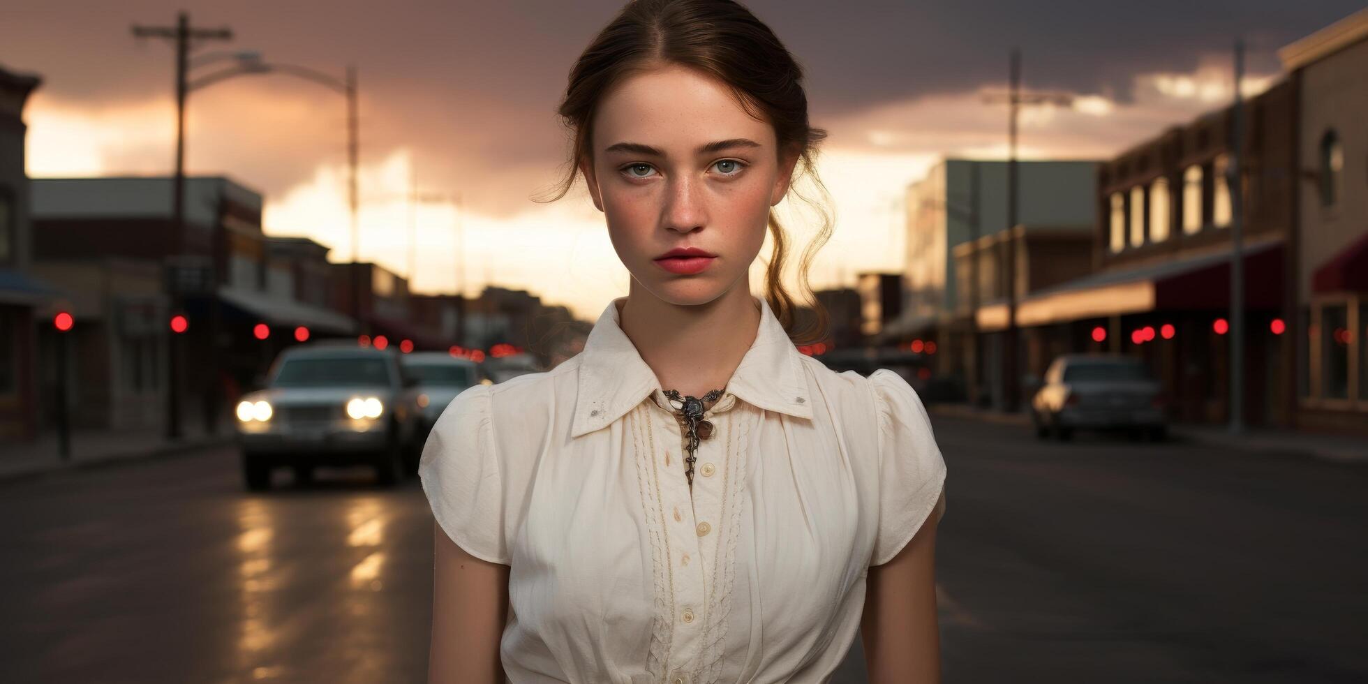 Pensive young woman in white blouse at sunset photo