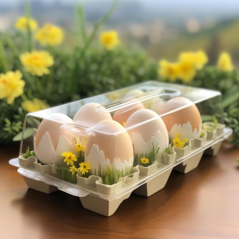 Easter eggs in a carton with spring flowers photo