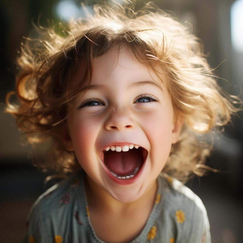 Joyful child with windblown hair photo