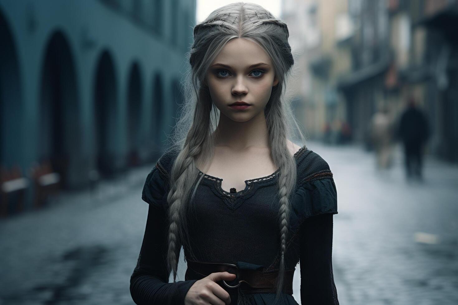 Mysterious woman with braided hair in dark outfit photo