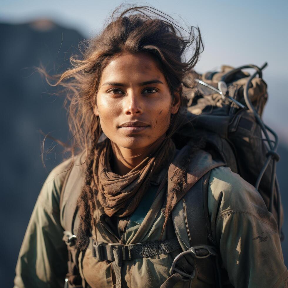 adventurous woman in mountain landscape photo