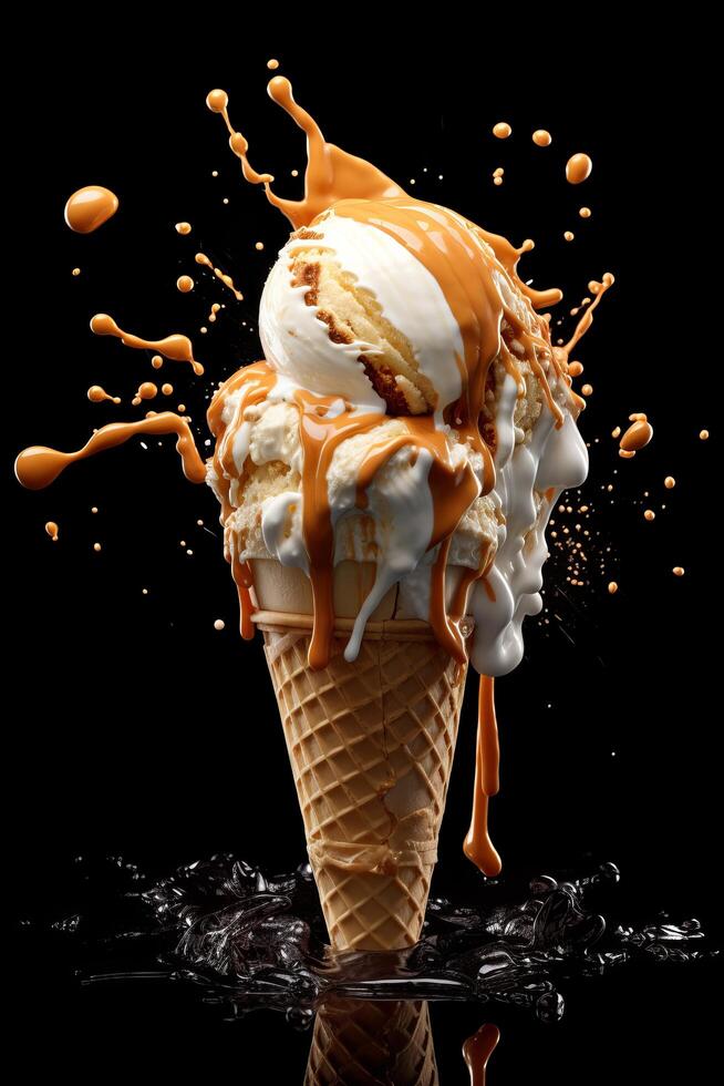 Delicious ice cream sundae with caramel sauce photo