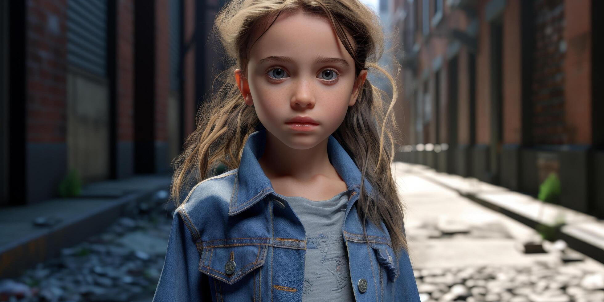 young girl with serious expression in urban setting photo