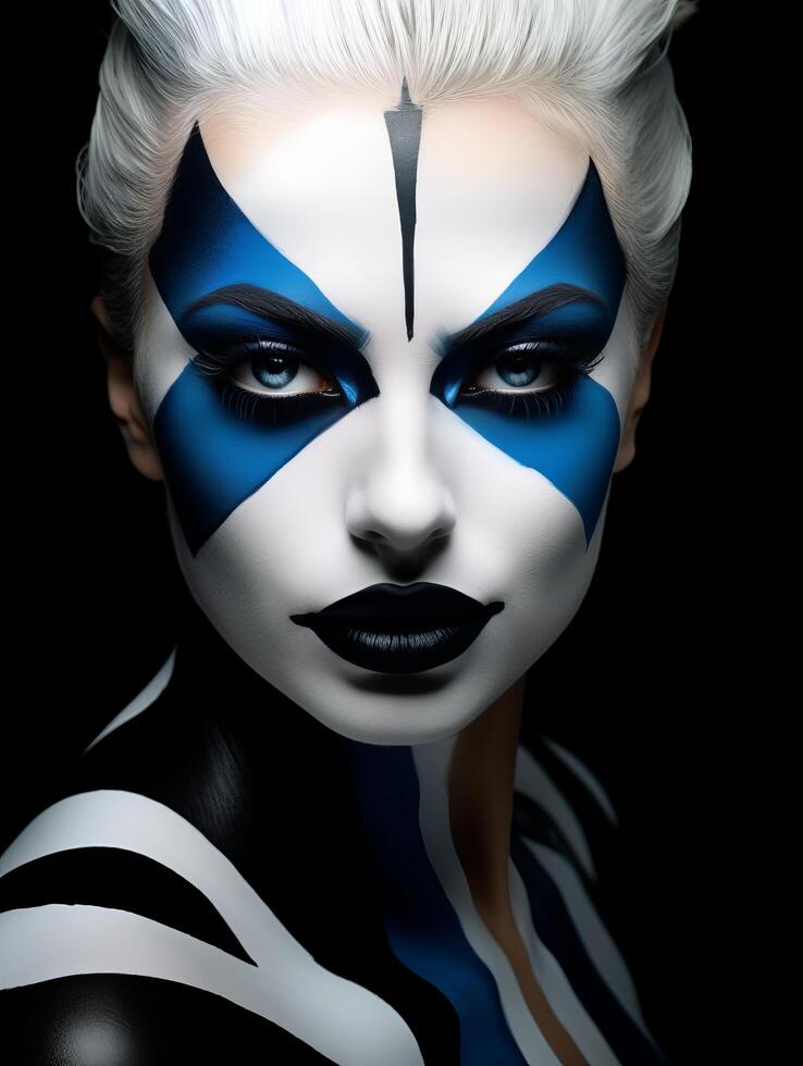 dramatic face makeup with blue and black design photo