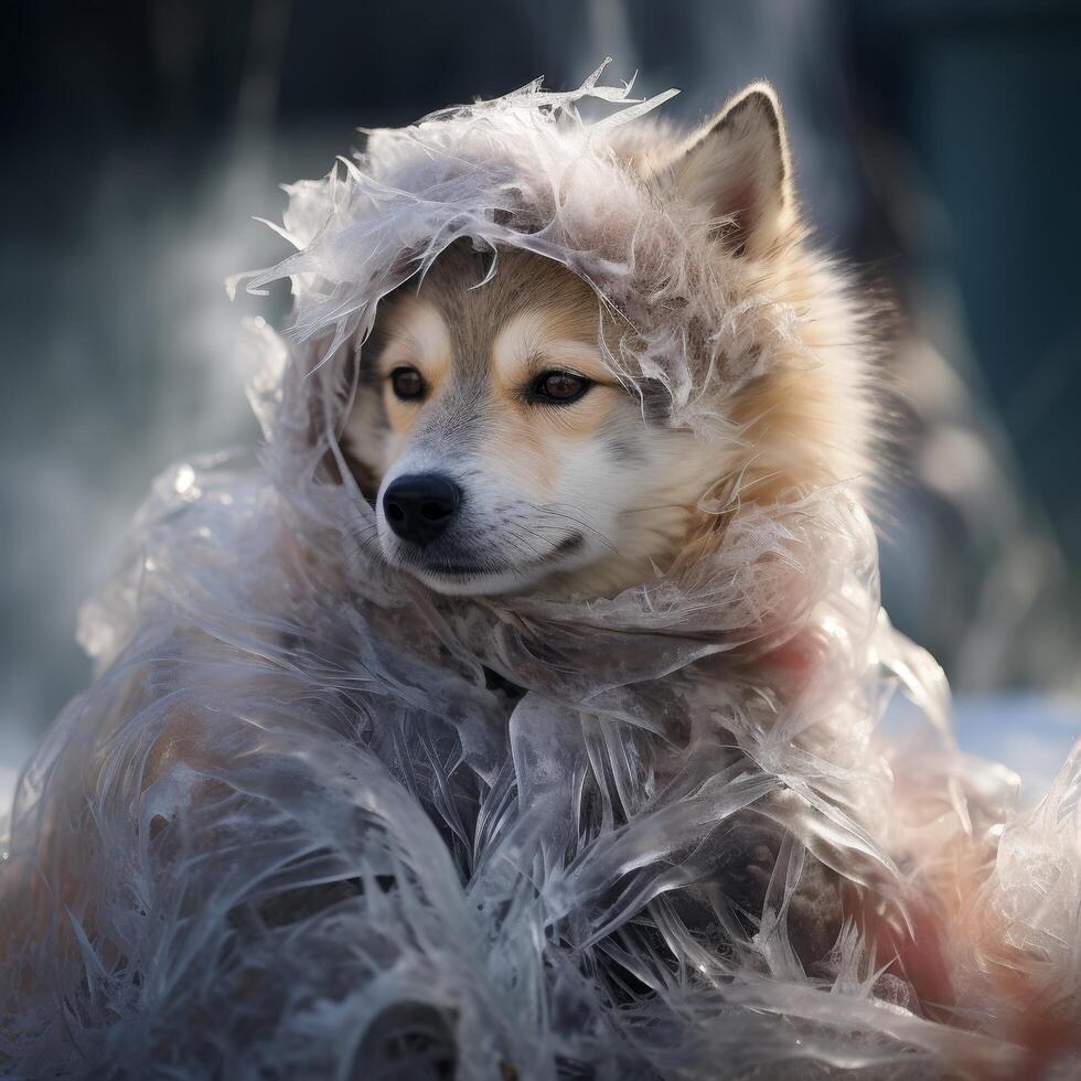 Fluffy dog wearing feathery costume photo