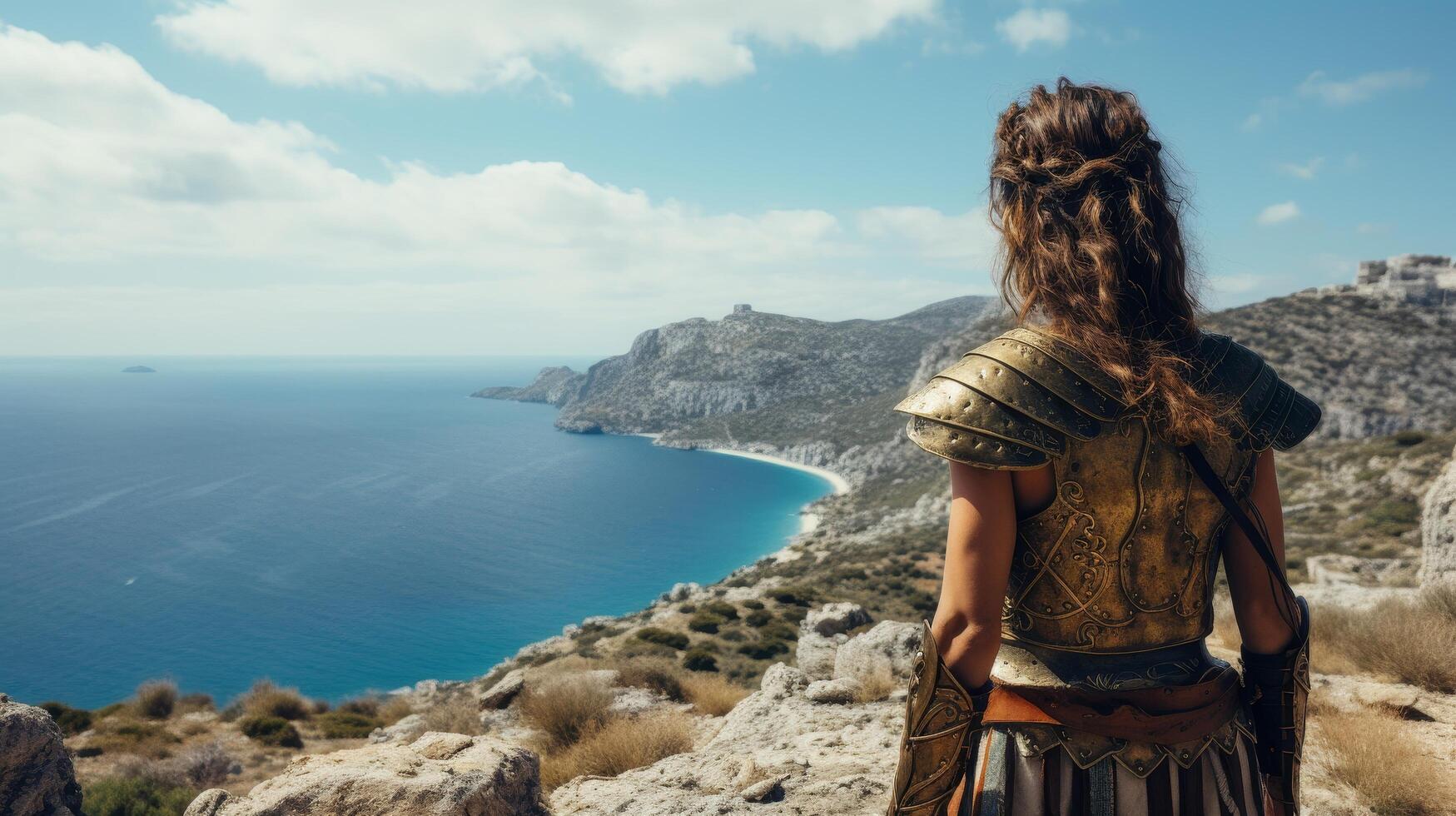 ancient warrior woman overlooking scenic mediterranean coastline photo