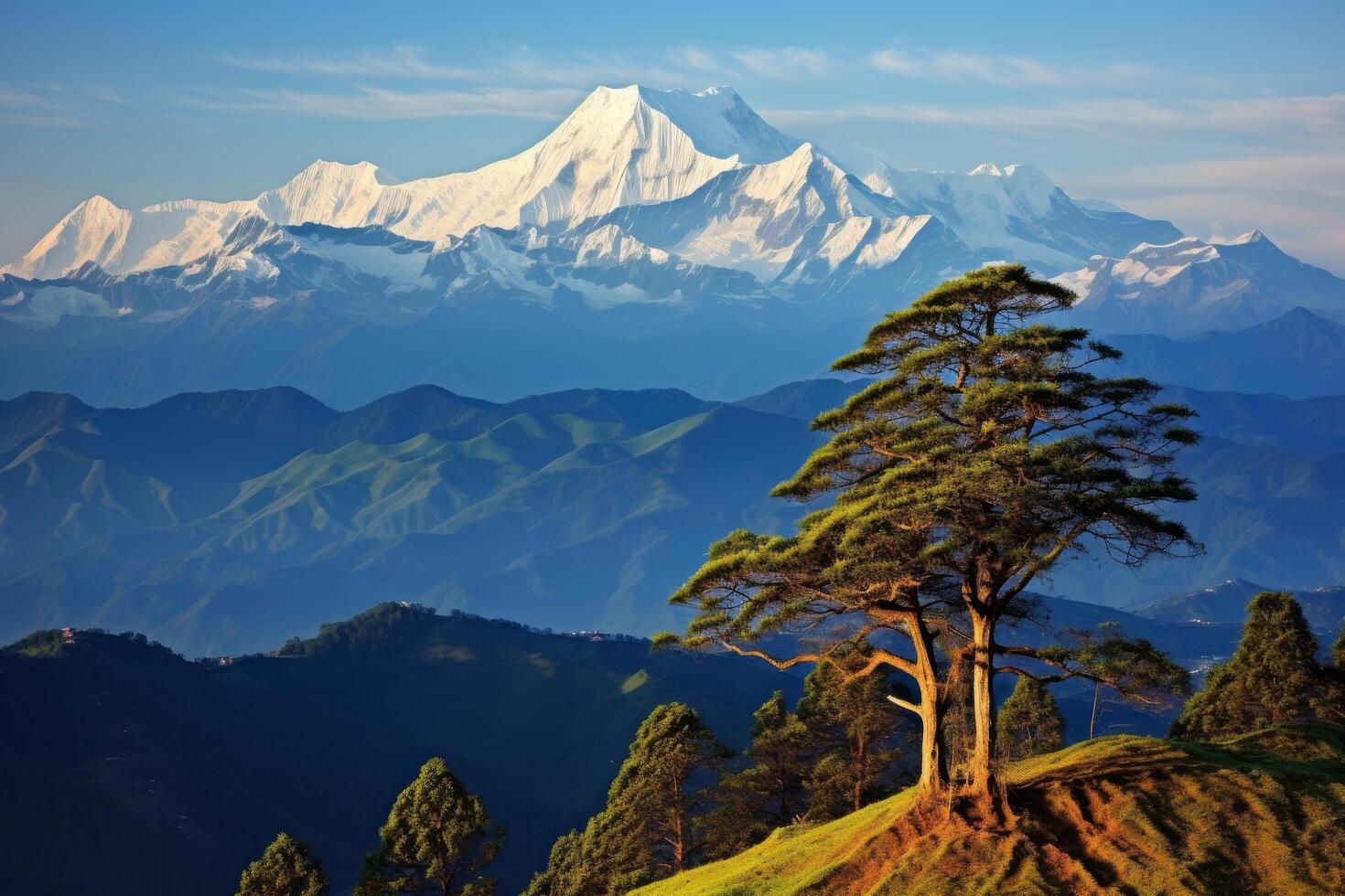 Majestic snow capped mountains and lush green forest landscape photo