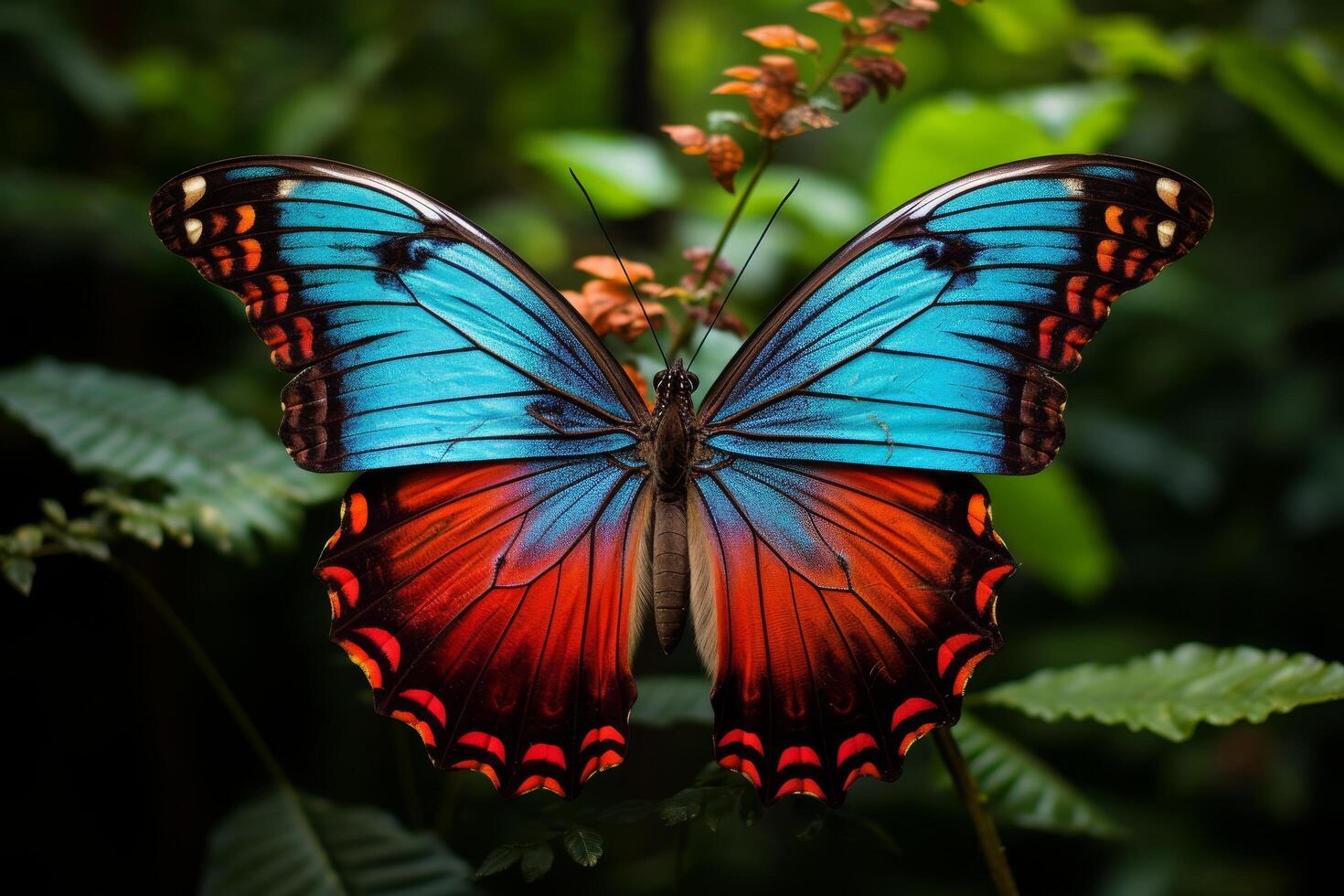 Vibrant blue and red butterfly in lush green foliage photo