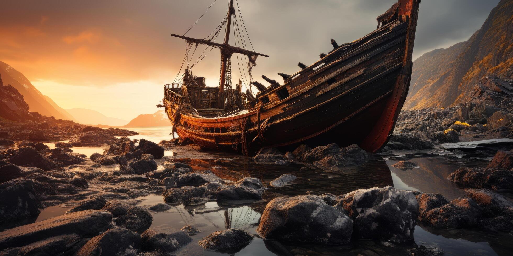 Abandoned shipwreck on rocky shore at sunset photo