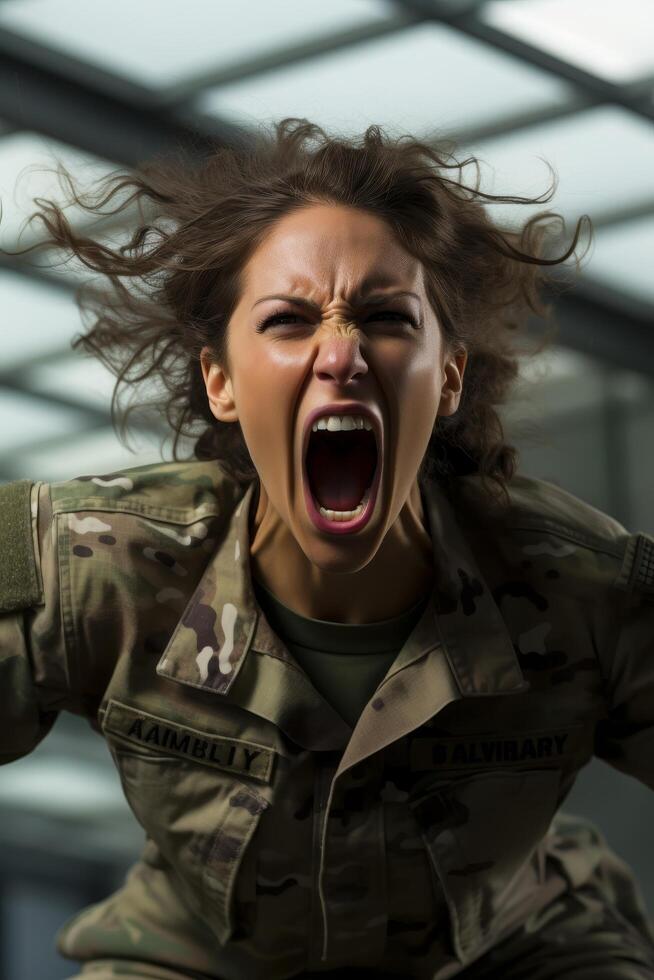 Angry soldier yelling in combat uniform photo