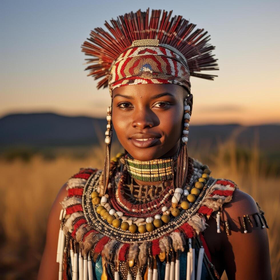 Vibrant portrait of a person in traditional tribal attire photo