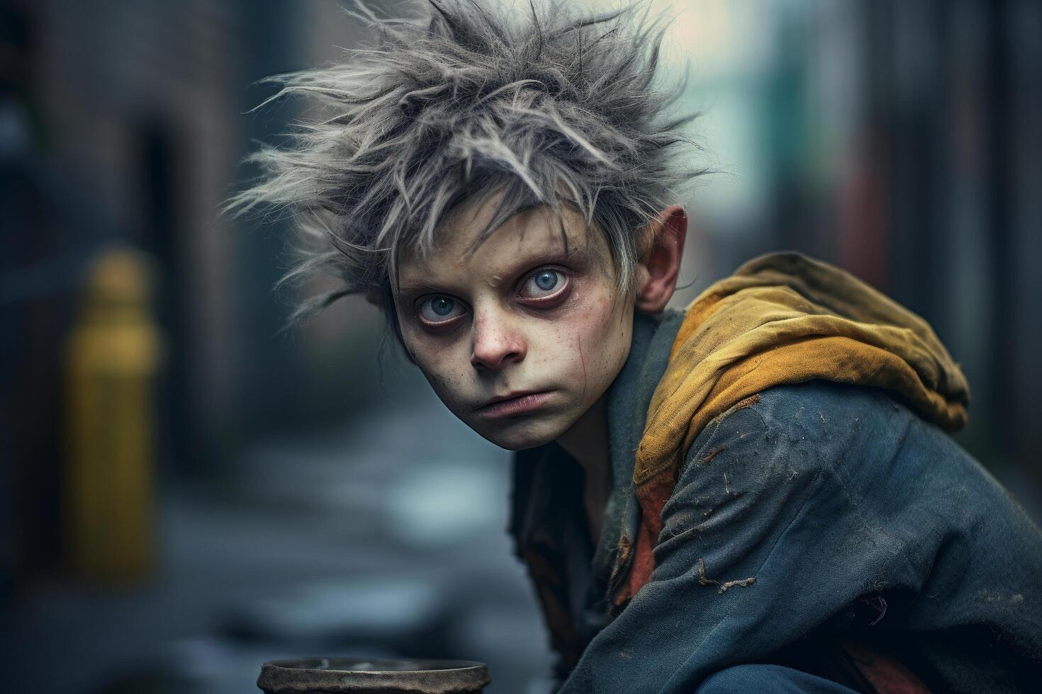 Homeless boy with a troubled expression photo