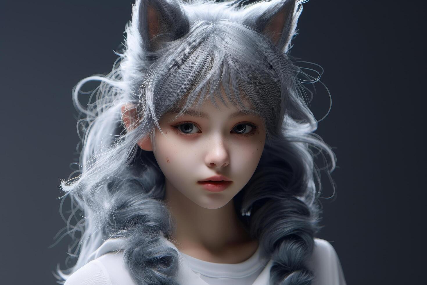 Anime inspired portrait of a young girl with striking silver hair and cat like features photo