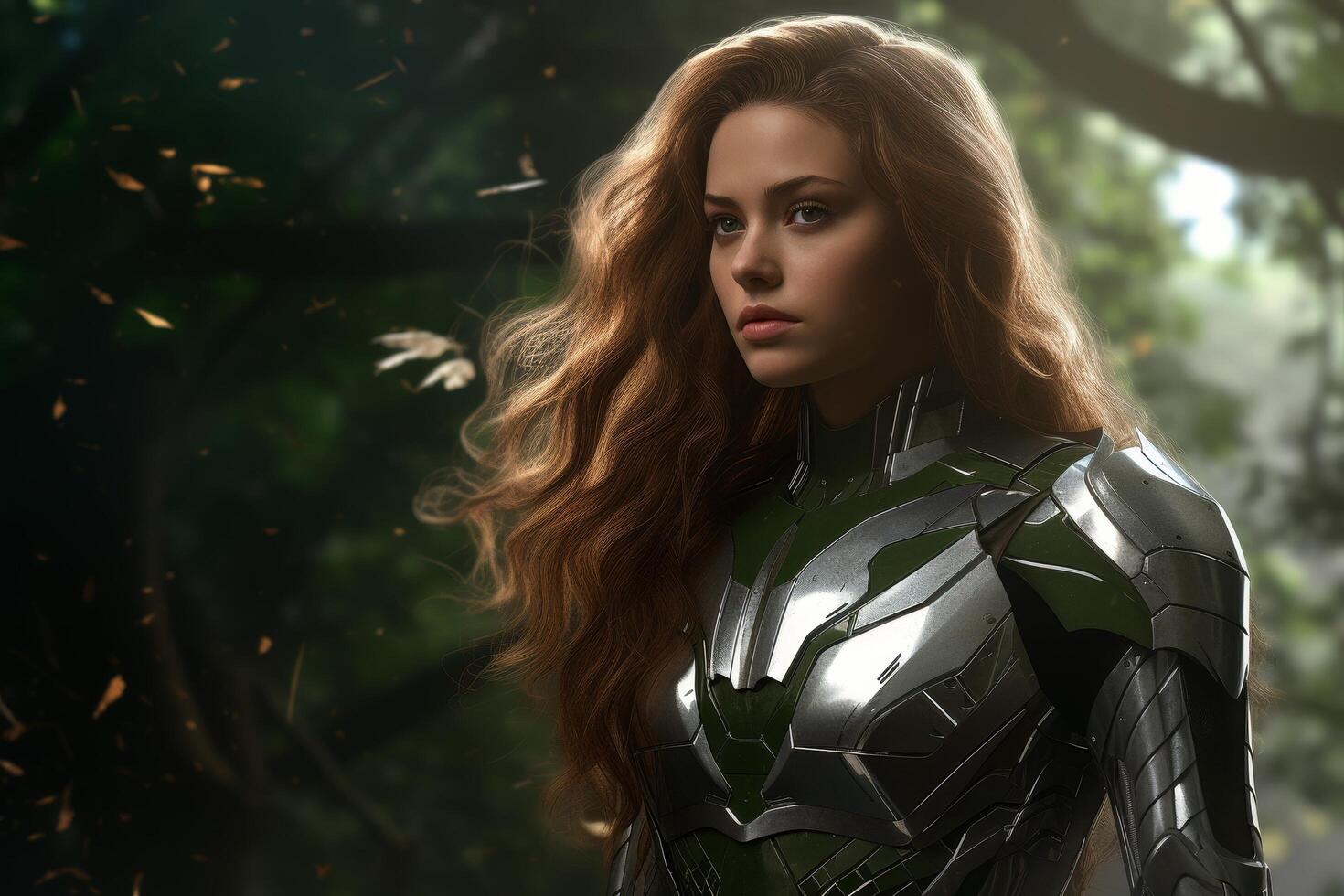Powerful female warrior in futuristic armor photo