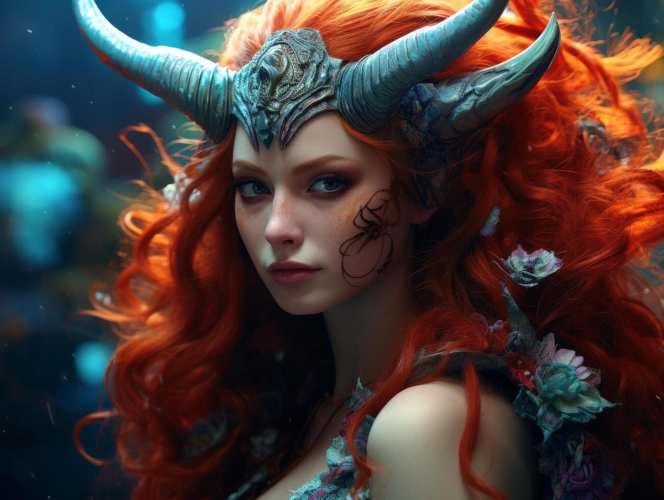 Enchanting fantasy portrait of a horned woman with vibrant red hair photo