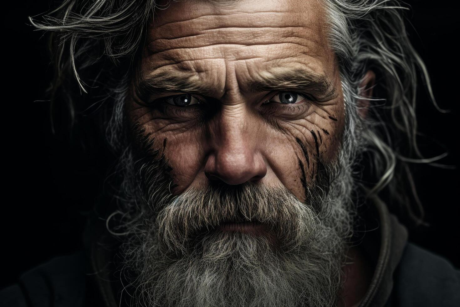 Intense look of an elderly man with a long beard photo