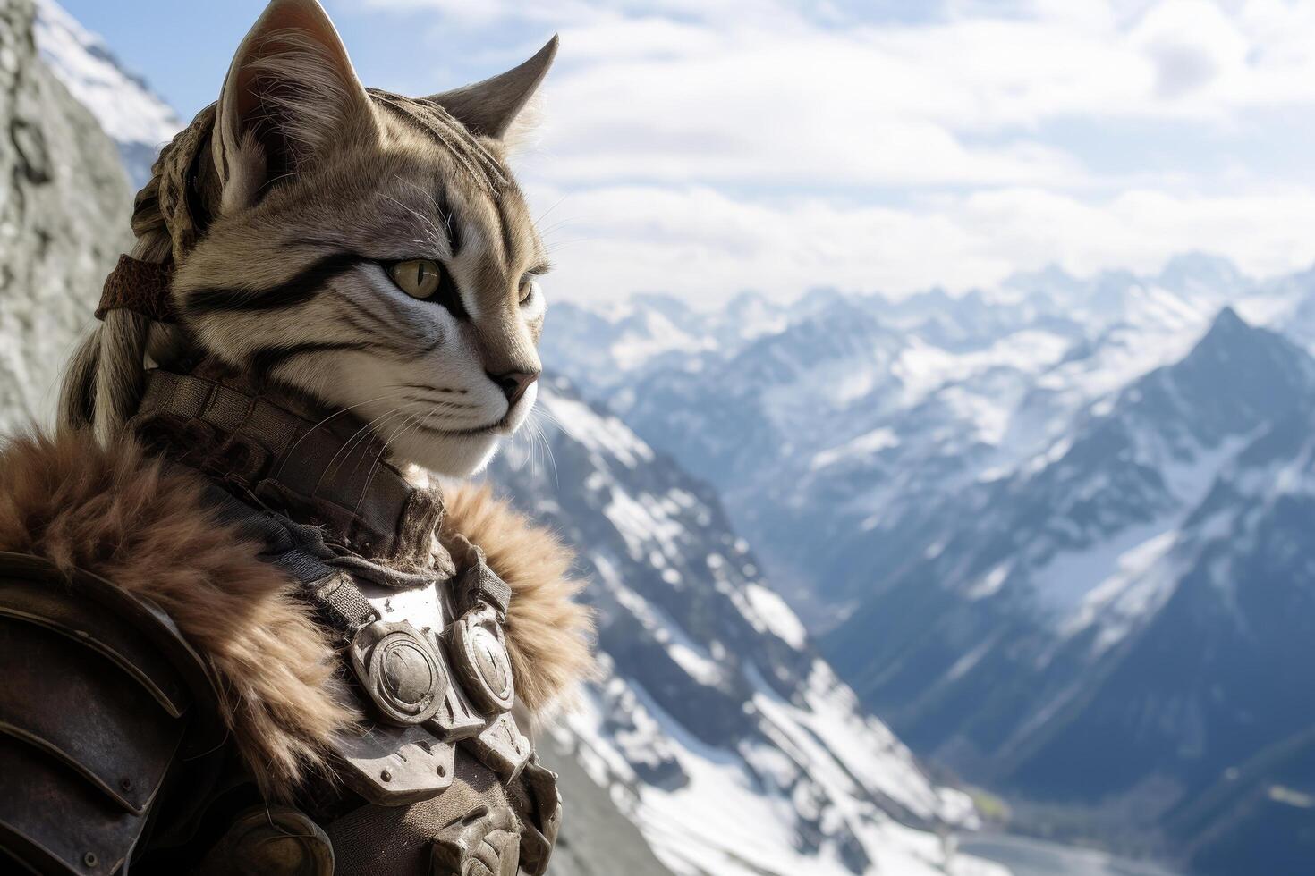 Adventurous cat exploring the snowy mountains photo