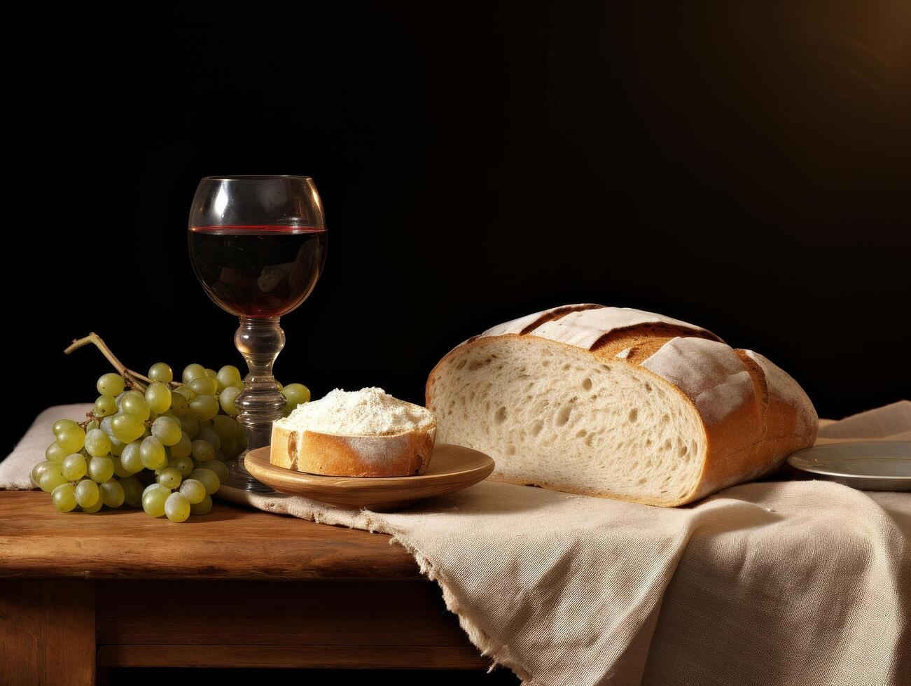 still life with bread, wine, and grapes photo