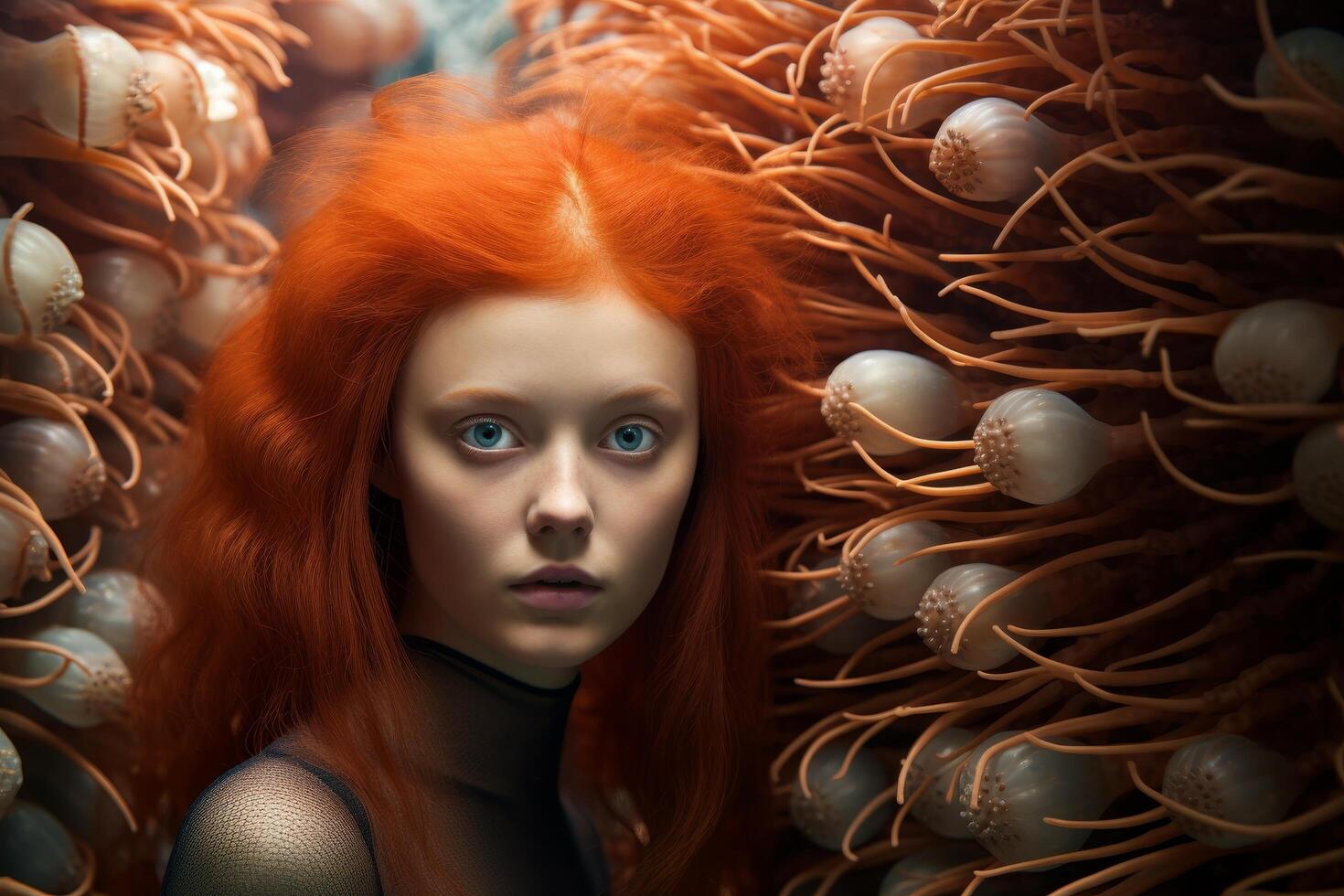 Mysterious redhead woman surrounded by orange tentacles photo