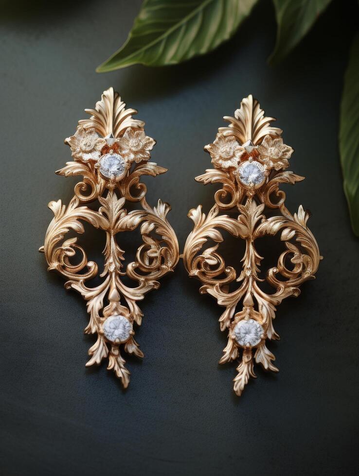 Ornate golden earrings with floral designs and diamonds photo