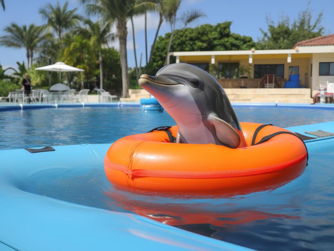 Playful dolphin floating on orange inflatable ring in tropical resort pool photo