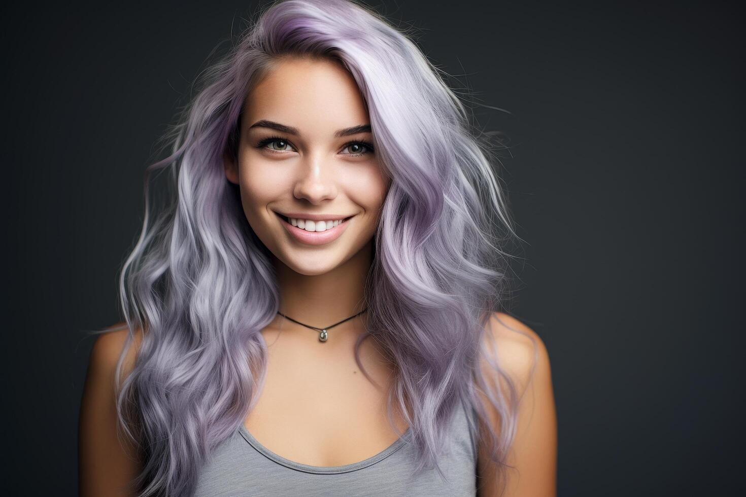 smiling woman with vibrant purple hair photo