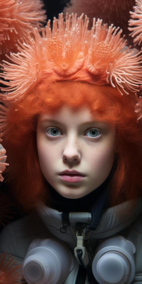 Vibrant coral haired girl with intense gaze photo